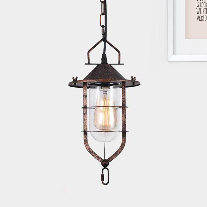 Vintage Black/Rust Cone Pendant Light with Clear Glass - Stylish Ceiling Lamp for Living Room with Cage