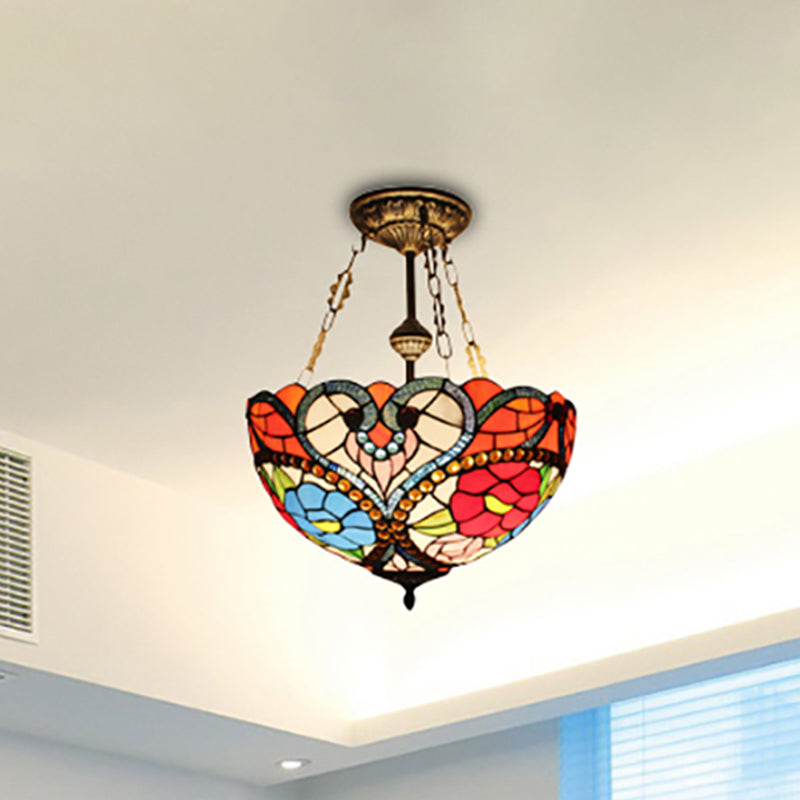 Elegant Stained Glass Blossom Ceiling Lamp with Bead Accent - Semi Flush Mount for Hotel