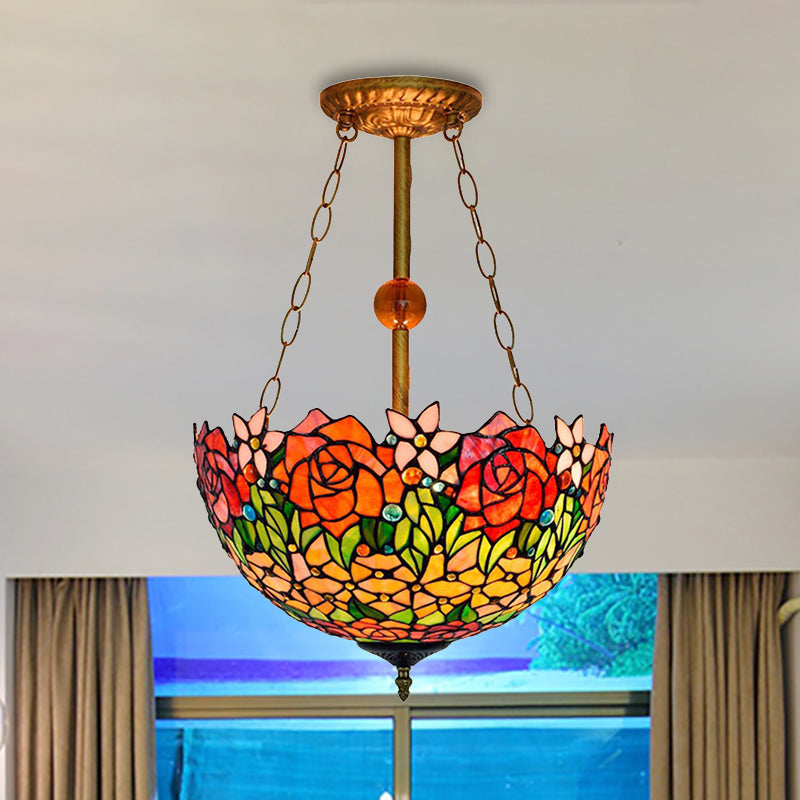 Plafonnier en vitrail à fleurs rustiques en orange-rouge par Tiffany