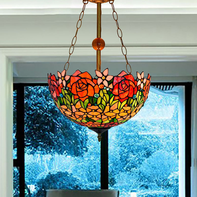 Plafonnier en vitrail à fleurs rustiques en orange-rouge par Tiffany