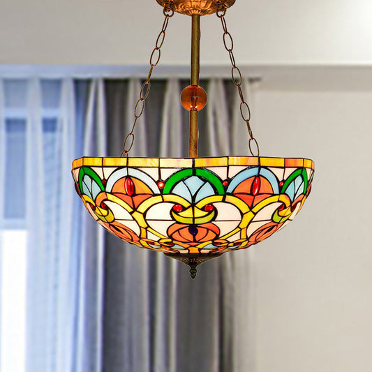 Tiffany Victorian Stained Glass Ceiling Light with Multi-Colored Inverted Bowl for Bedroom