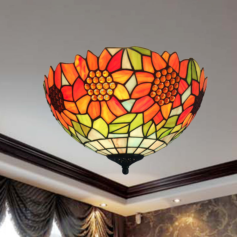 Rustic Sunflower Stained Glass Flush Mount Light in Orange for Dining Room