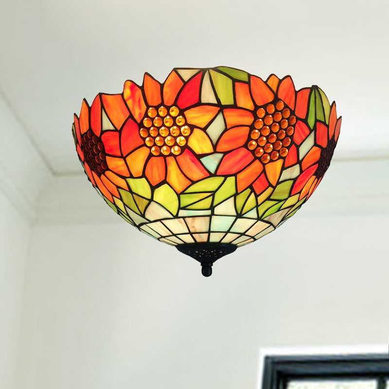 Rustic Sunflower Stained Glass Flush Mount Light in Orange for Dining Room
