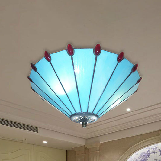 Blue Tiffany Style Cone Ceiling Lamp - Art Glass Finish Flush Ceiling Light for Dining Room