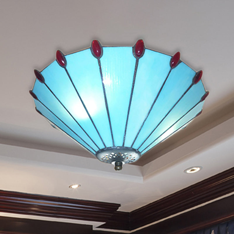 Blue Tiffany Style Cone Ceiling Lamp - Art Glass Finish Flush Ceiling Light for Dining Room