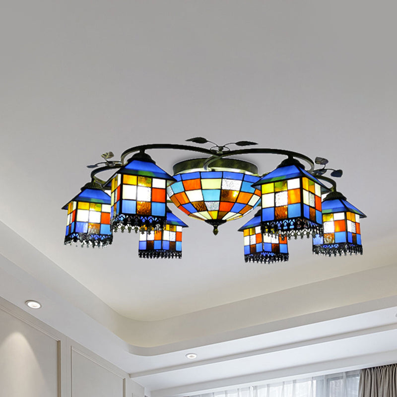 Lustre à plusieurs têtes en verre teinté avec bol central