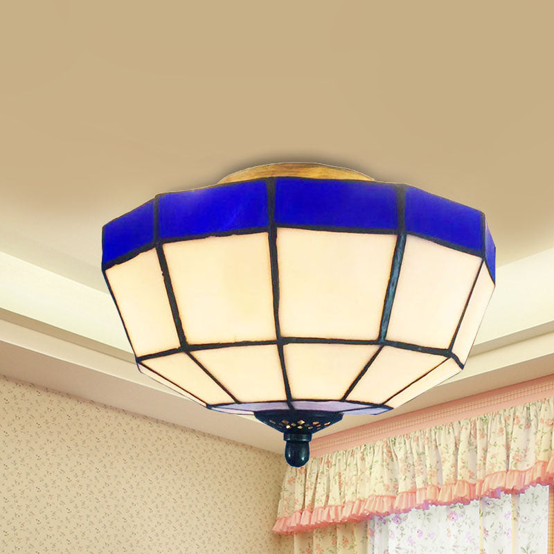 Plafonnier en verre teinté bleu et blanc de style Tiffany pour hall d'entrée - Plafonnier encastré en forme de bol, 1 lampe