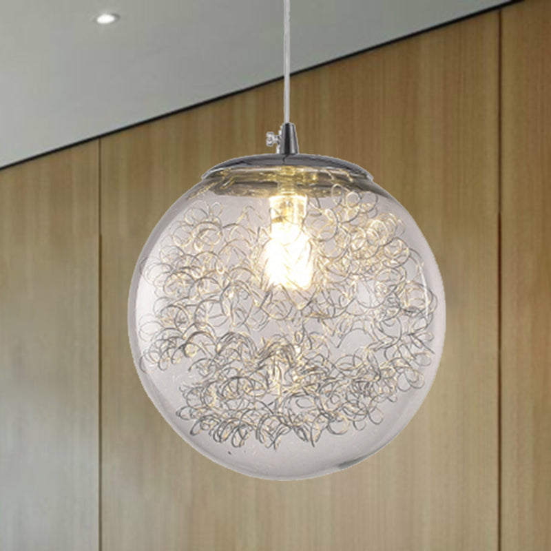 Modern Spherical Glass Pendant Light with Wire Deco - Clear, 1-Light Hanging Fixture
