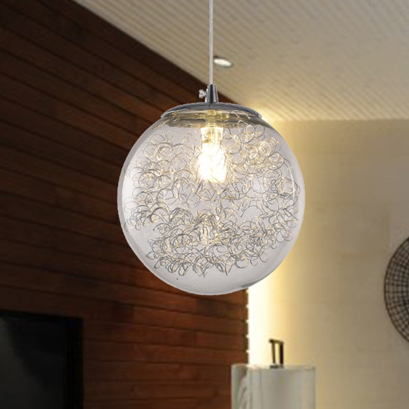 Modern Hanging Light: Clear Glass Sphere Pendant With Wire Deco - 1 Light