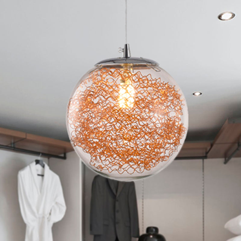 Modern Spherical Glass Pendant Light with Wire Deco - Clear, 1-Light Hanging Fixture
