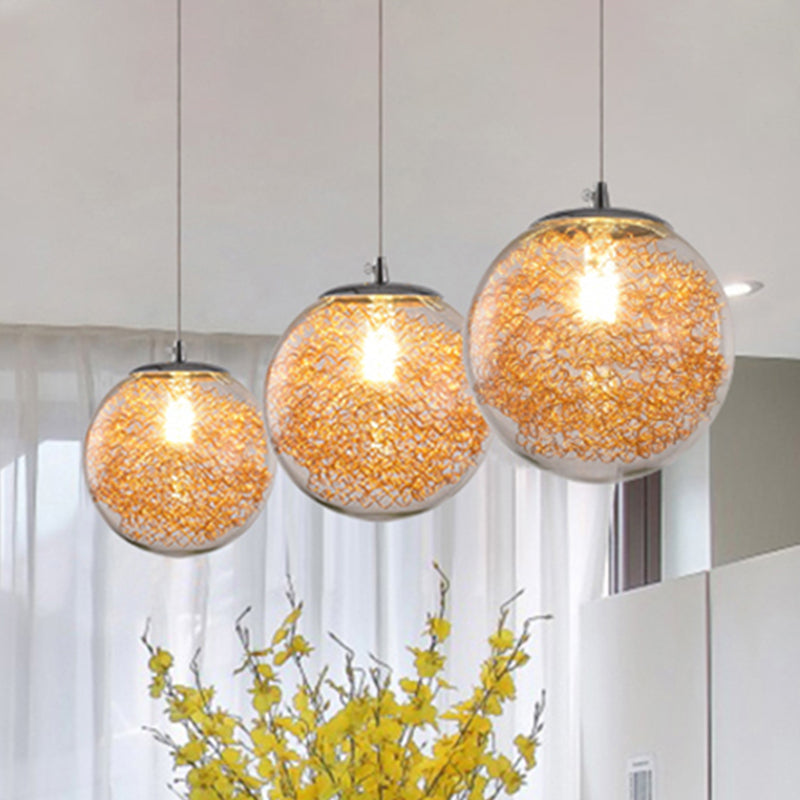 Modern Hanging Light: Clear Glass Sphere Pendant With Wire Deco - 1 Light