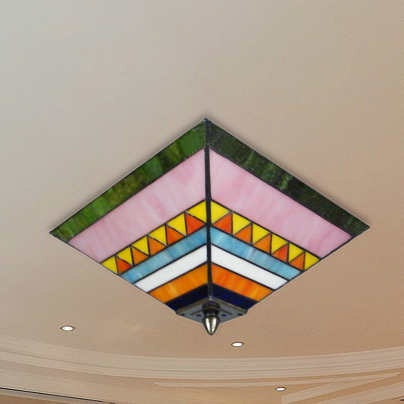 Craftsman Stained Glass Flush Ceiling Light - Multicolored Pyramid Design - 2 Bulbs - Foyer Flush Mount