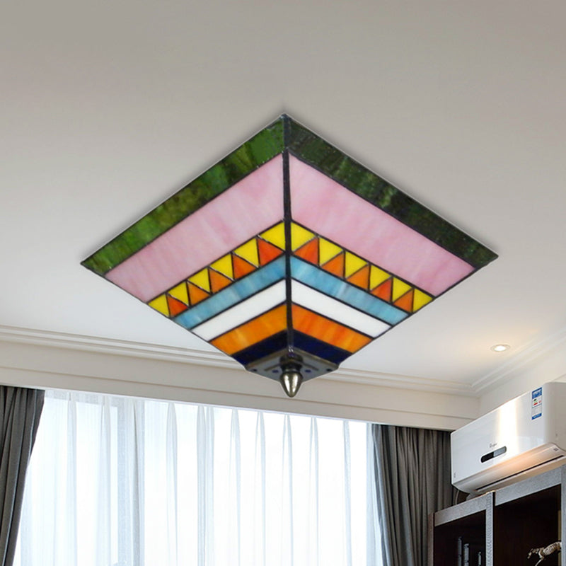 Craftsman Stained Glass Flush Ceiling Light - Multicolored Pyramid Design - 2 Bulbs - Foyer Flush Mount