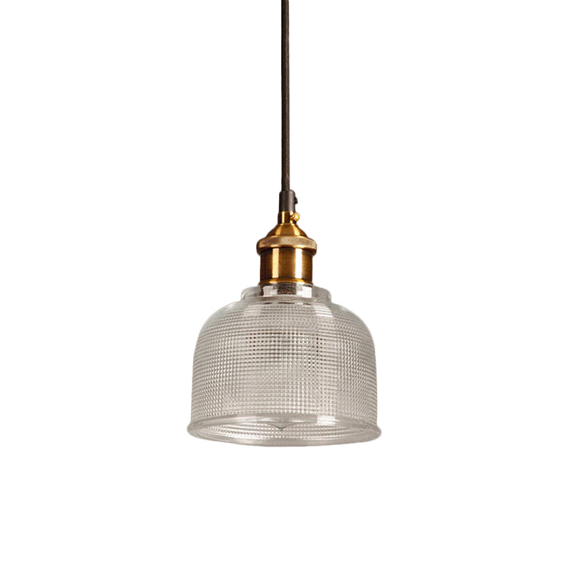 Plafonnier suspendu à une ampoule de style loft en laiton avec motif de bol en verre à treillis