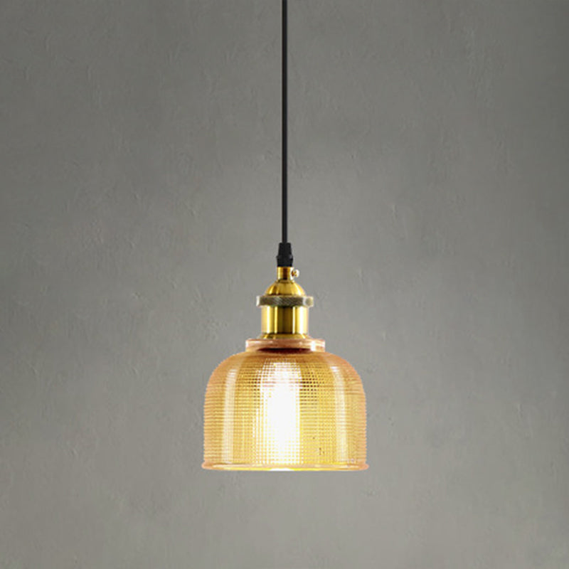 Plafonnier suspendu à une ampoule de style loft en laiton avec motif de bol en verre à treillis