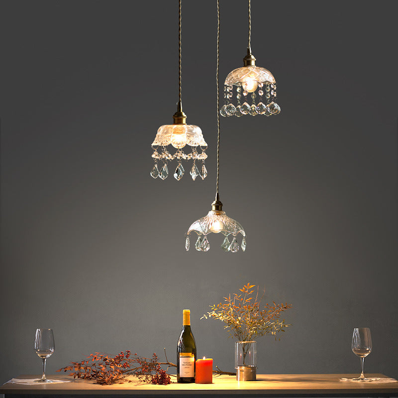Suspension vintage en verre transparent en forme de fleur avec cristaux en forme de larme