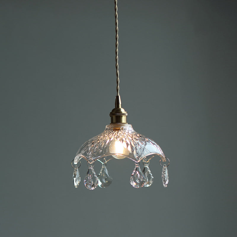 Suspension vintage en verre transparent en forme de fleur avec cristaux en forme de larme