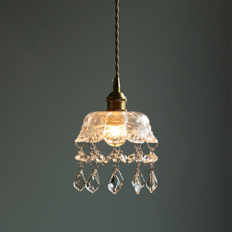 Suspension vintage en verre transparent en forme de fleur avec cristaux en forme de larme