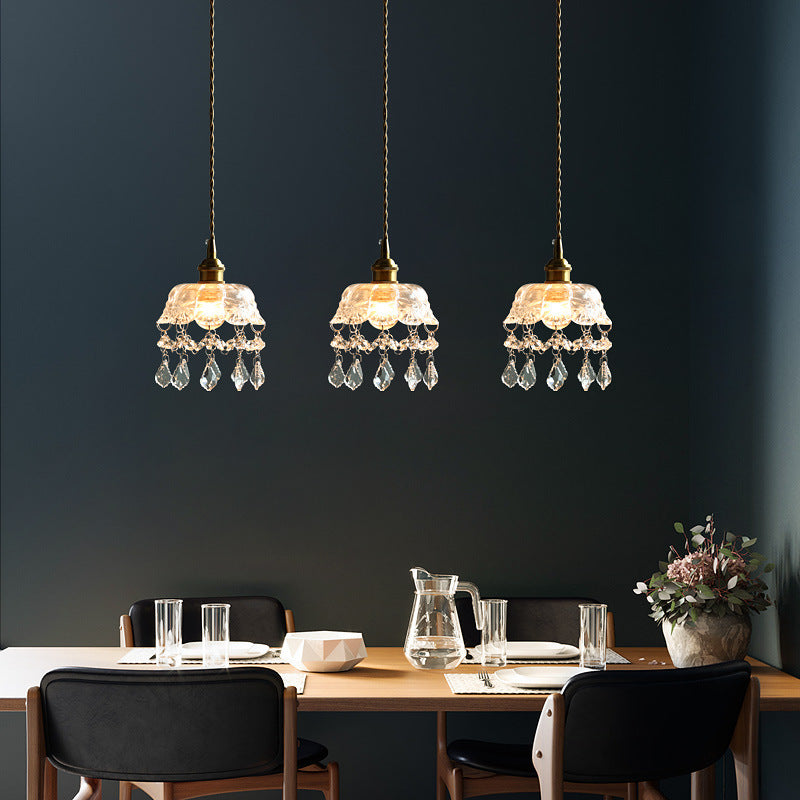 Suspension vintage en verre transparent en forme de fleur avec cristaux en forme de larme