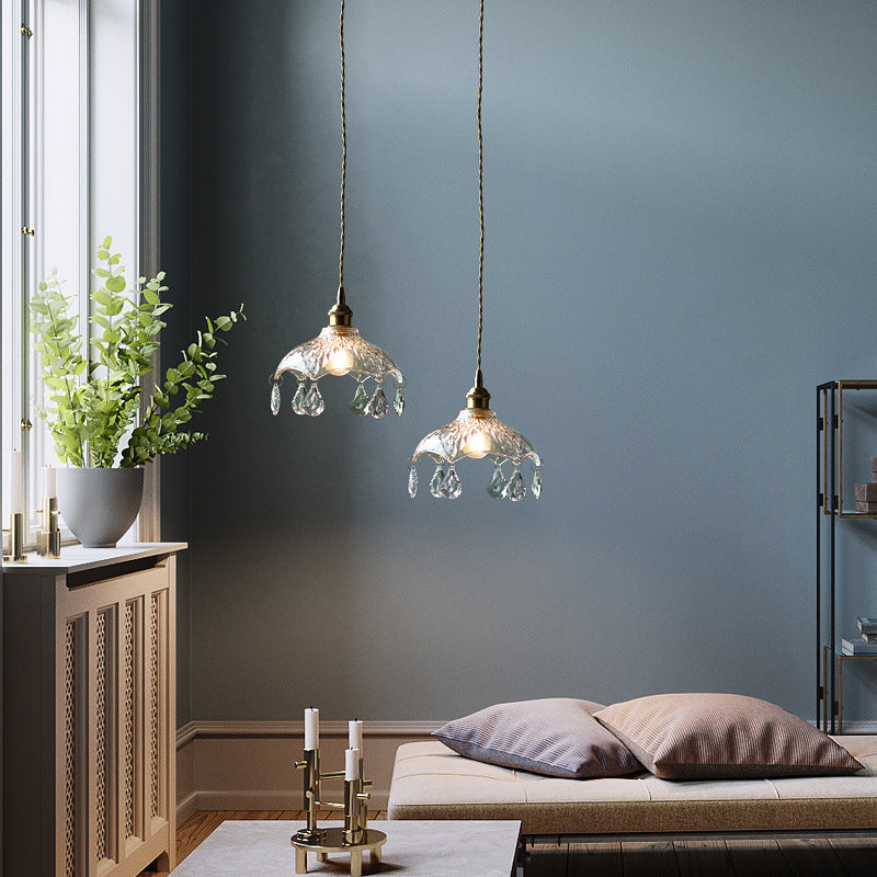 Vintage Flower Shaped Clear Glass Pendant Light With Teardrop Crystals Lighting
