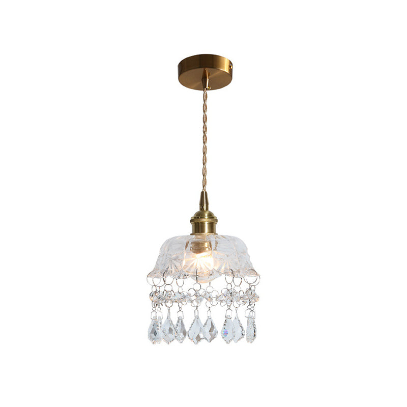 Vintage Flower Shaped Clear Glass Pendant Light With Teardrop Crystals Lighting