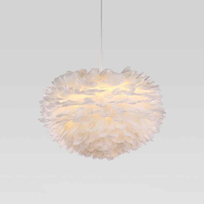 Nordic Style White Feather Chandelier Globe Shaped Hanging Lighting Fixture