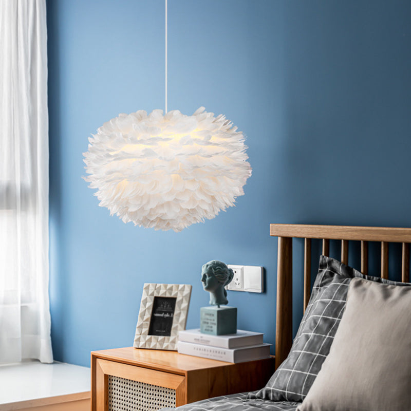 Nordic Style White Feather Chandelier Globe Shaped Hanging Lighting Fixture