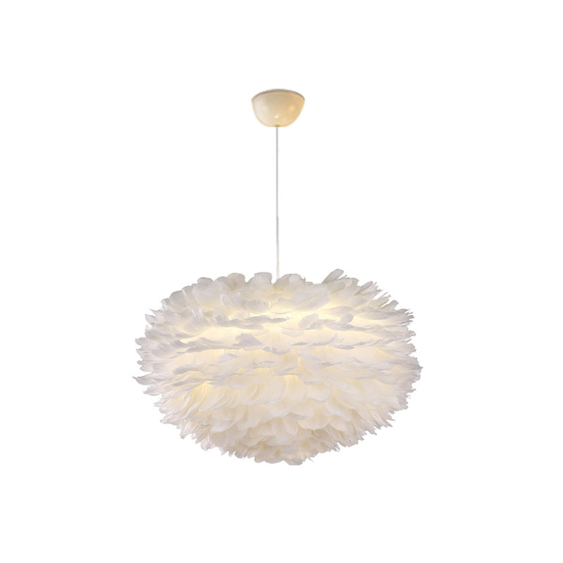 Nordic Style White Feather Chandelier Globe Shaped Hanging Lighting Fixture / 19.5