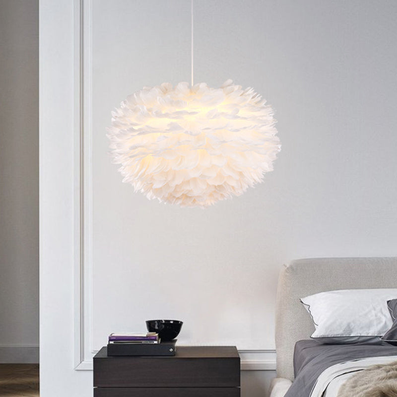 Nordic Style White Feather Chandelier Globe Shaped Hanging Lighting Fixture