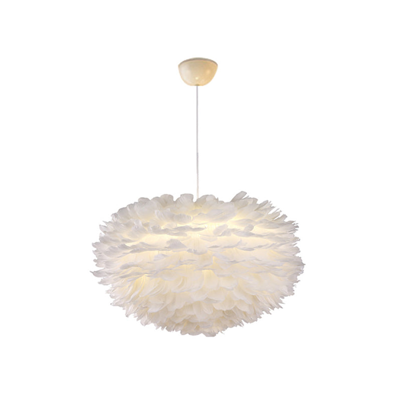 Nordic Style White Feather Chandelier Globe Shaped Hanging Lighting Fixture / 21.5