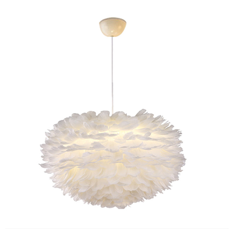 Nordic Style White Feather Chandelier Globe Shaped Hanging Lighting Fixture / 31.5