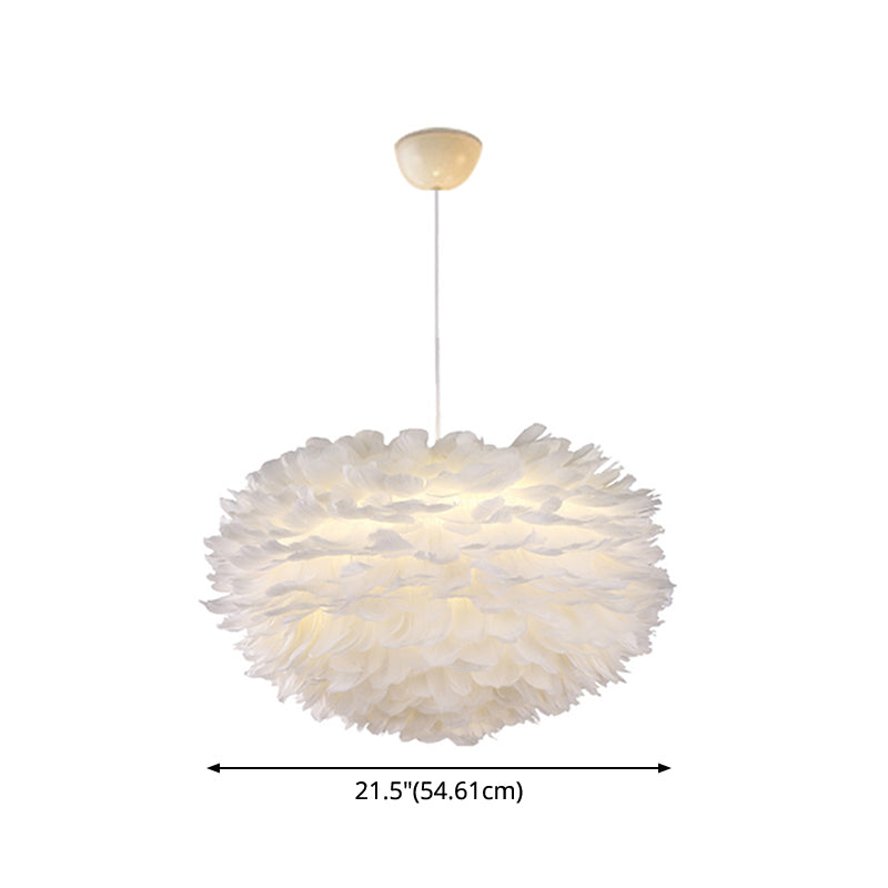 Nordic Style White Feather Chandelier Globe Shaped Hanging Lighting Fixture