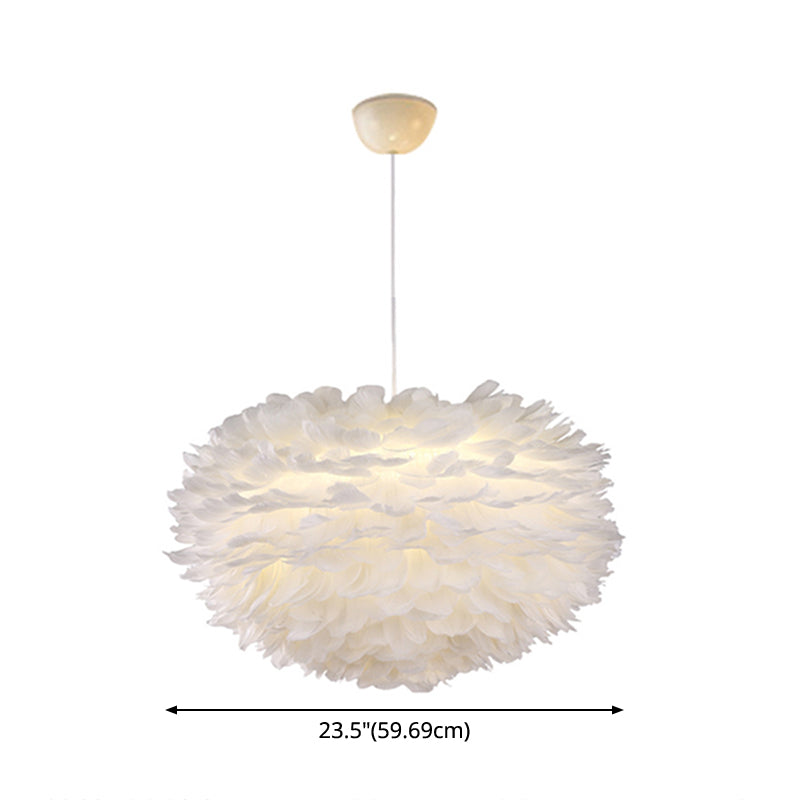 Nordic Style White Feather Chandelier Globe Shaped Hanging Lighting Fixture