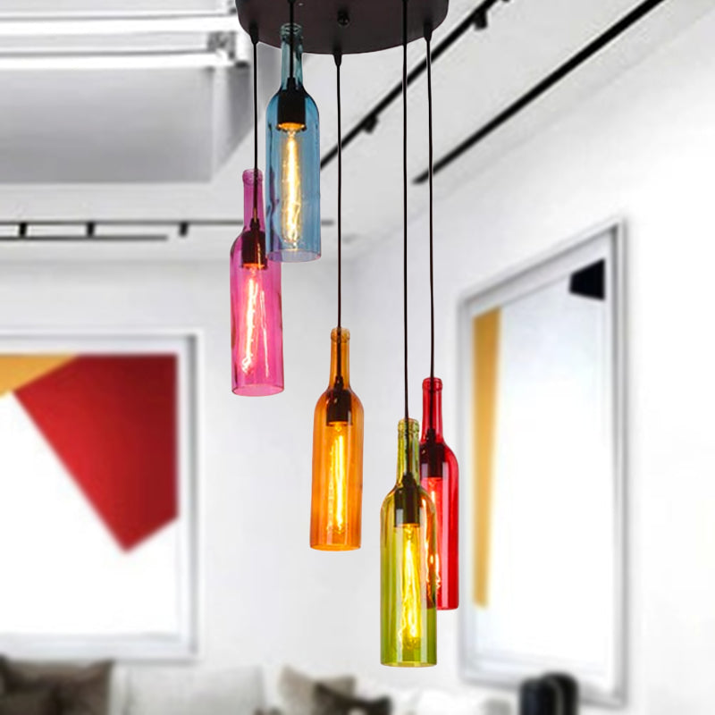 Lampe suspendue industrielle en verre à 3/5 têtes pour bouteilles de vin pour restaurants - Lampe suspendue noire avec auvent rond/linéaire