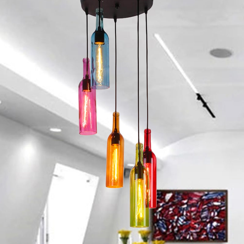 Lampe suspendue industrielle en verre à 3/5 têtes pour bouteilles de vin pour restaurants - Lampe suspendue noire avec auvent rond/linéaire