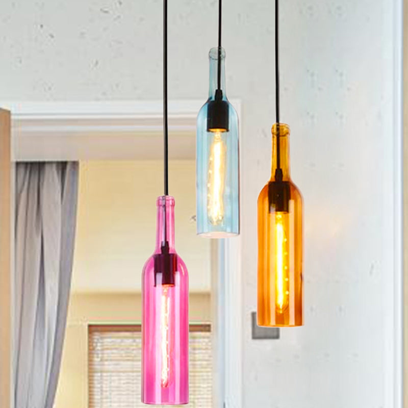 Lampe suspendue industrielle en verre à 3/5 têtes pour bouteilles de vin pour restaurants - Lampe suspendue noire avec auvent rond/linéaire