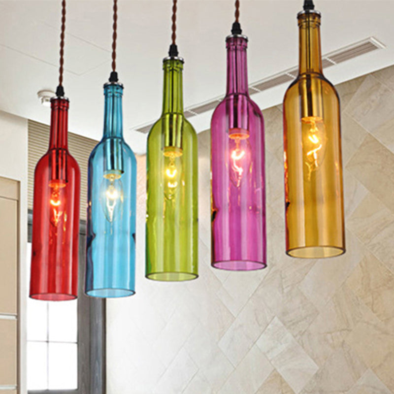Vintage Style Glass Wine Bottle Suspension Lamp For Dining Room - Red/Yellow 1 Head Hanging Light