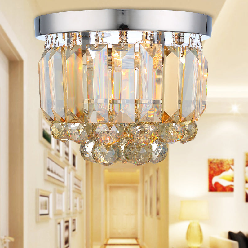 Crystal Mini Flush 2-Light Ceiling Fixture - Simple Design for Corridors - Clear/Smoke Gray/Cognac