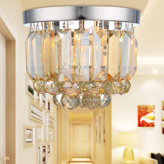 Crystal Mini Flush 2-Light Ceiling Fixture - Simple Design for Corridors - Clear/Smoke Gray/Cognac