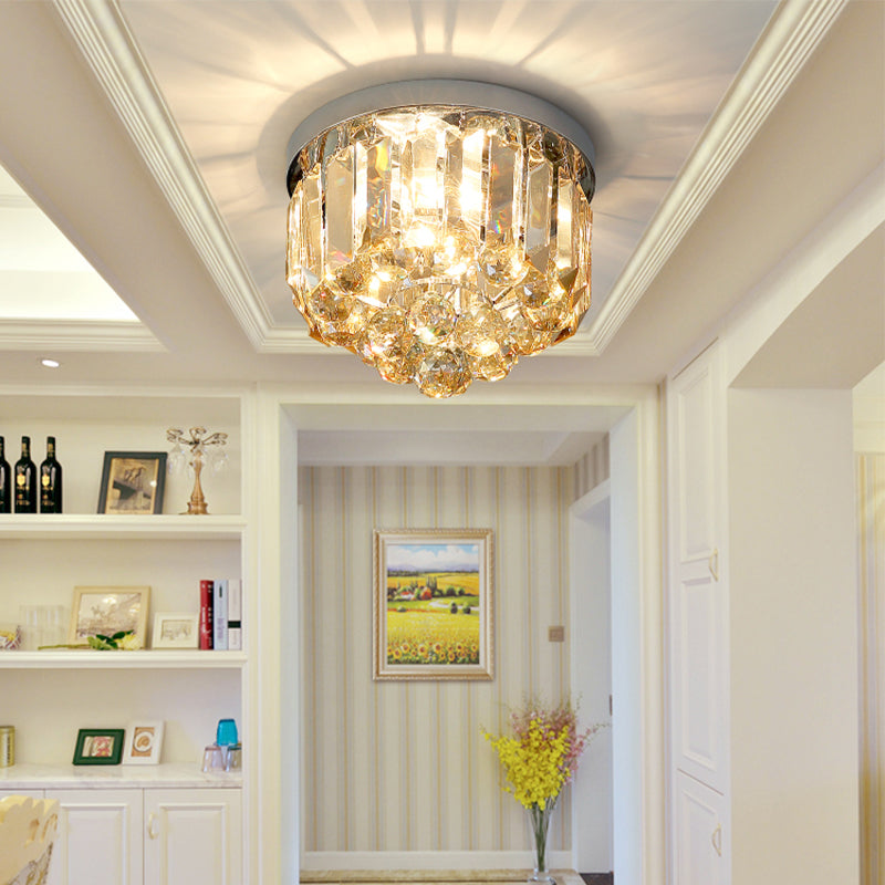 Crystal Mini Flush 2-Light Ceiling Fixture - Simple Design for Corridors - Clear/Smoke Gray/Cognac