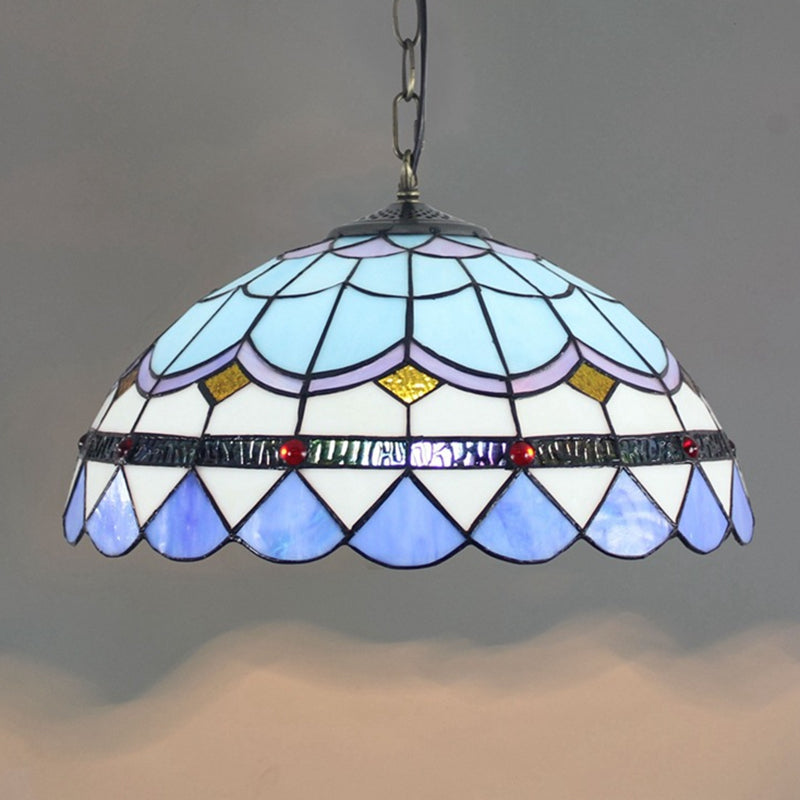 Blue Tiffany Glass Dome Hanging Lamp - 16" Wide - 1 Light