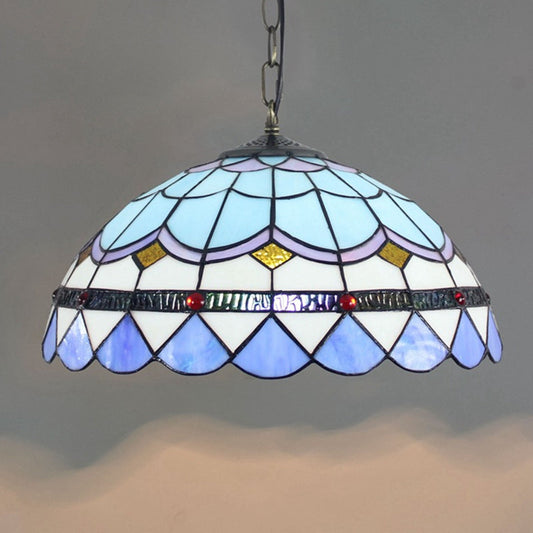Blue Tiffany Glass Dome Hanging Lamp - 16" Wide - 1 Light