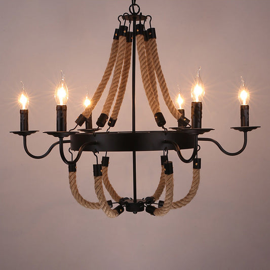 Circular Black Metal Ring Pendant Light with Rope Hanging - Industrial Ceiling Fixture