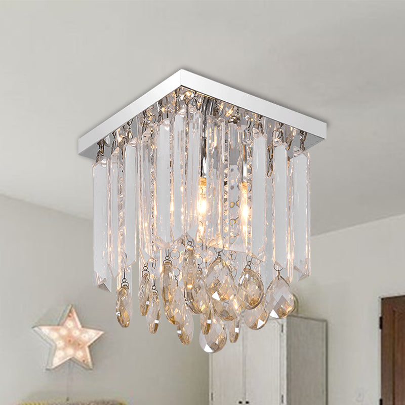 Simple Cubic Flush Mount Ceiling Lamp with Clear Crystals - Bedroom Lighting Fixture