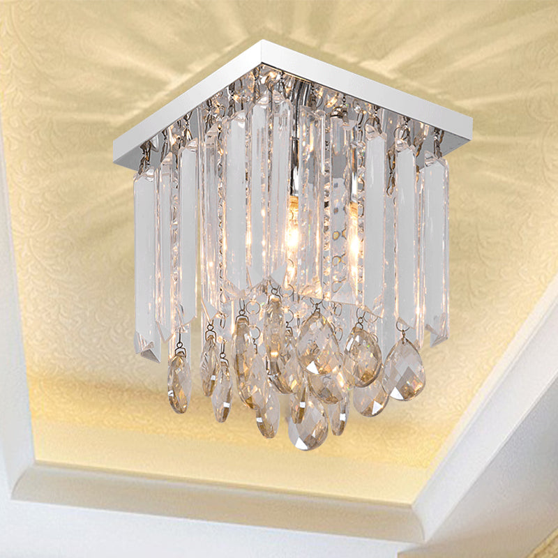 Simple Cubic Flush Mount Ceiling Lamp with Clear Crystals - Bedroom Lighting Fixture