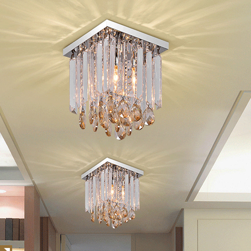 Simple Cubic Flush Mount Ceiling Lamp with Clear Crystals - Bedroom Lighting Fixture