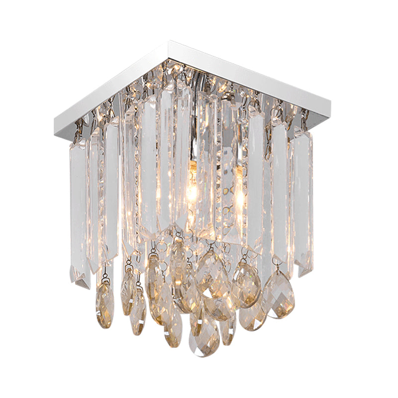 Simple Cubic Flush Mount Ceiling Lamp with Clear Crystals - Bedroom Lighting Fixture