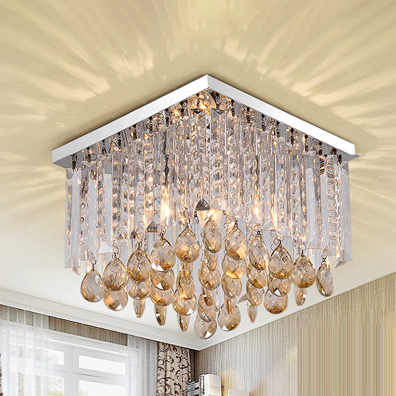 Simple Cubic Flush Mount Ceiling Lamp with Clear Crystals - Bedroom Lighting Fixture