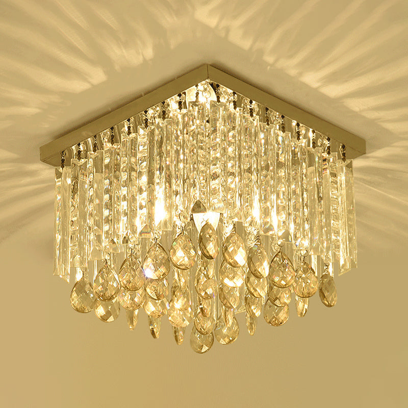 Simple Cubic Flush Mount Ceiling Lamp with Clear Crystals - Bedroom Lighting Fixture