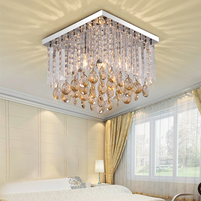Simple Cubic Flush Mount Ceiling Lamp with Clear Crystals - Bedroom Lighting Fixture